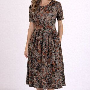 LuLaRoe Amelia Floral Fit & Flare Dress Pockets Rust Brown XS